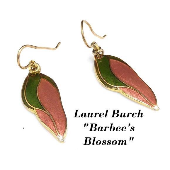 Laurel Burch "Barbee's Blossom" Earrings, Green & Dusty Pink, Gold Plated, 1980s - Picture 1 of 10